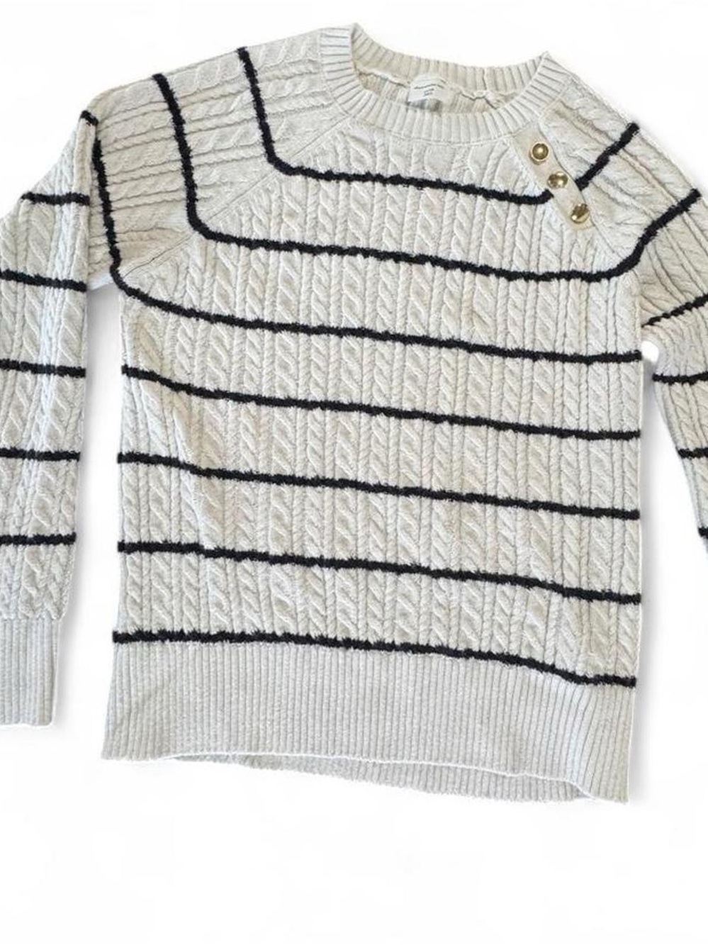 abercrombie kids Cream and Black Striped Cable Knit Sweater with Button Accents